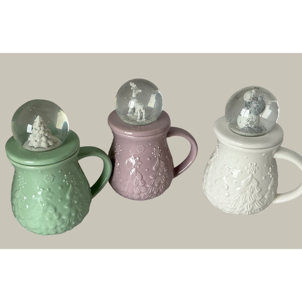 Christmas Snow Globe Mugs Set of 3 Embossed Tree Snowflake Pastel Ceramic Lids